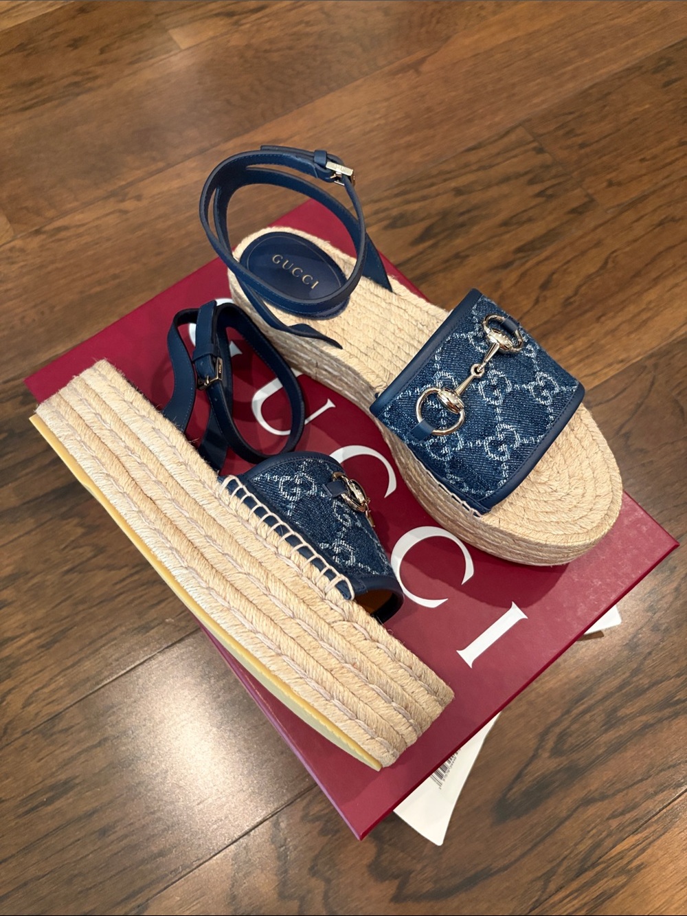 Gucci Blue Denim Monogram Platform Espadrille Sandals w/ Gold Horsebit NEW